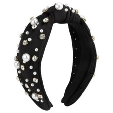 Knotted Headband Women Pearl Rhinestone Headband Wide Top Knot Hairband Black