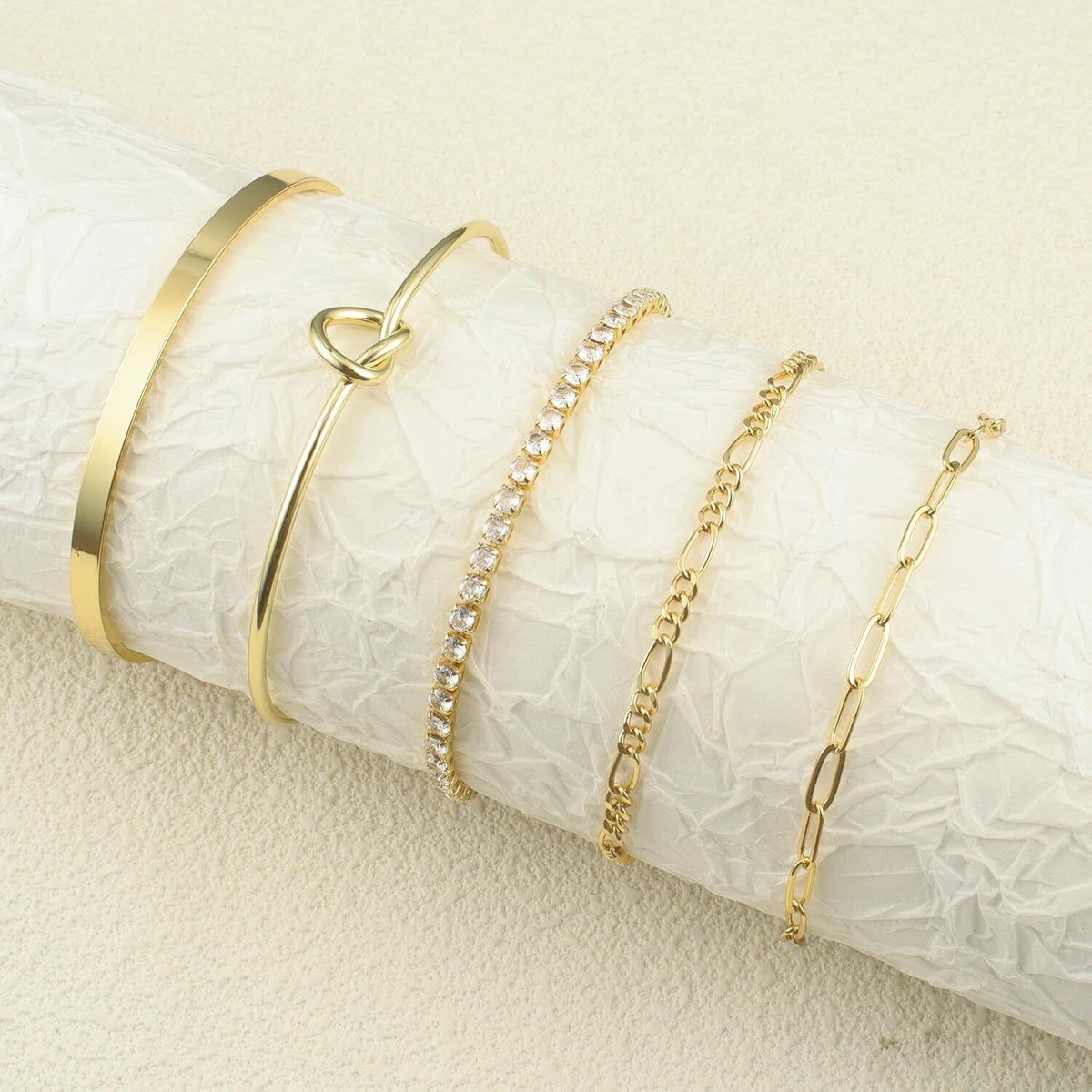 14K Real Gold Plated Bangle Cuff Bracelet Set Gold Beaded Tennis Paperclip Diamond Tennis Paperclip Bracelet – Miss Diamond Ring main image 4