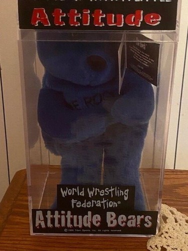 1999 WWF Attitude Blue Beanie Bear in Case - "THE ROCK" - Know Your Role