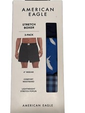 NWT AMERICAN EAGLE 3 Pack Stretch Boxer Sz S-M-L Blue Plaid Logo 90