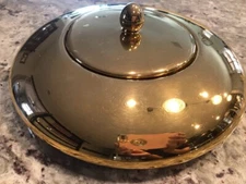 1986 JARU Pottery 18K Gold Plated Covered Disk Candy Dish, Vintage 1980s Postmod