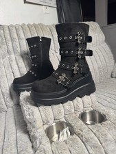 Black Leather Platform Buckle Mid-Calf Biker Boots Women's US 12 EU 42