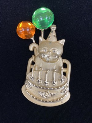 Vintage Kitty Cake Brooch Birthday Cat Blowing out Candles Balloons Gold Tone