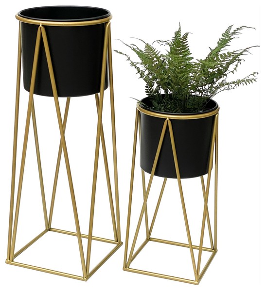 Blumenhocker Mit Topf Metall Gold Schwarz 2Er Set BlumenstäNder Pflanzenhocker-image