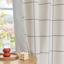 100 Blackout Plaid Linen Curtains 45 Inches Length 2 Panels - Double Layer