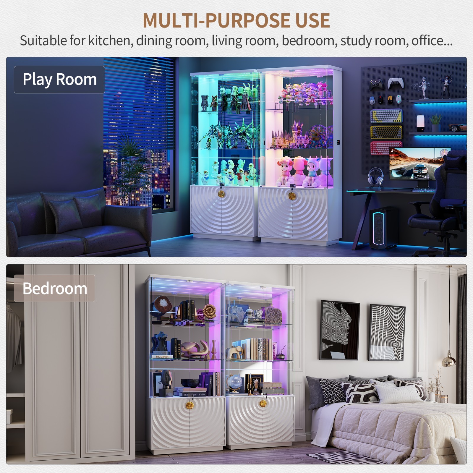 Gurexl 71" Display Cabinet with Glass Doors, Curio Cabinet Dynamic RGB Lights