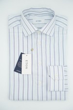 Men Eton White Shirt Single Cuff Cutaway Striped Size 38 15 Slim Fit