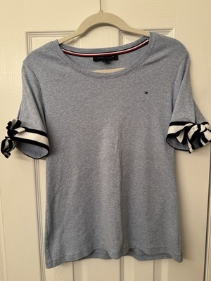Tommy Hilfiger Women Tie Bow Sleeve Tee Size Large light Blue Logo 