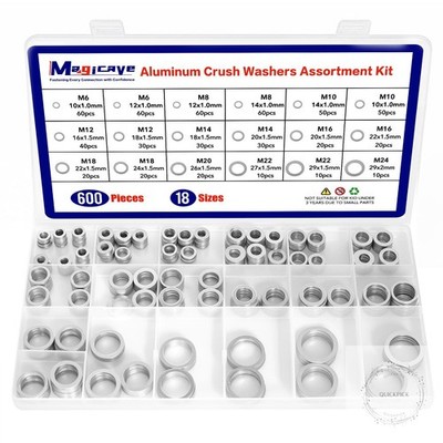 600 Pcs Aluminum Crush Washer Assortment Kit   18 Sizes Oil Drain Plug Gasket