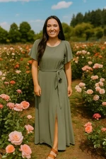 Baltic Born Women's Size XL Green Belted Side Slit Chiffon Naomi Maxi Dress