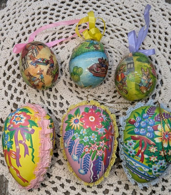 Easter Egg Ornaments Vtg 6 Pcs 3 Taiwan Painted Flowers w/Lace 3 Decoupage Eggs