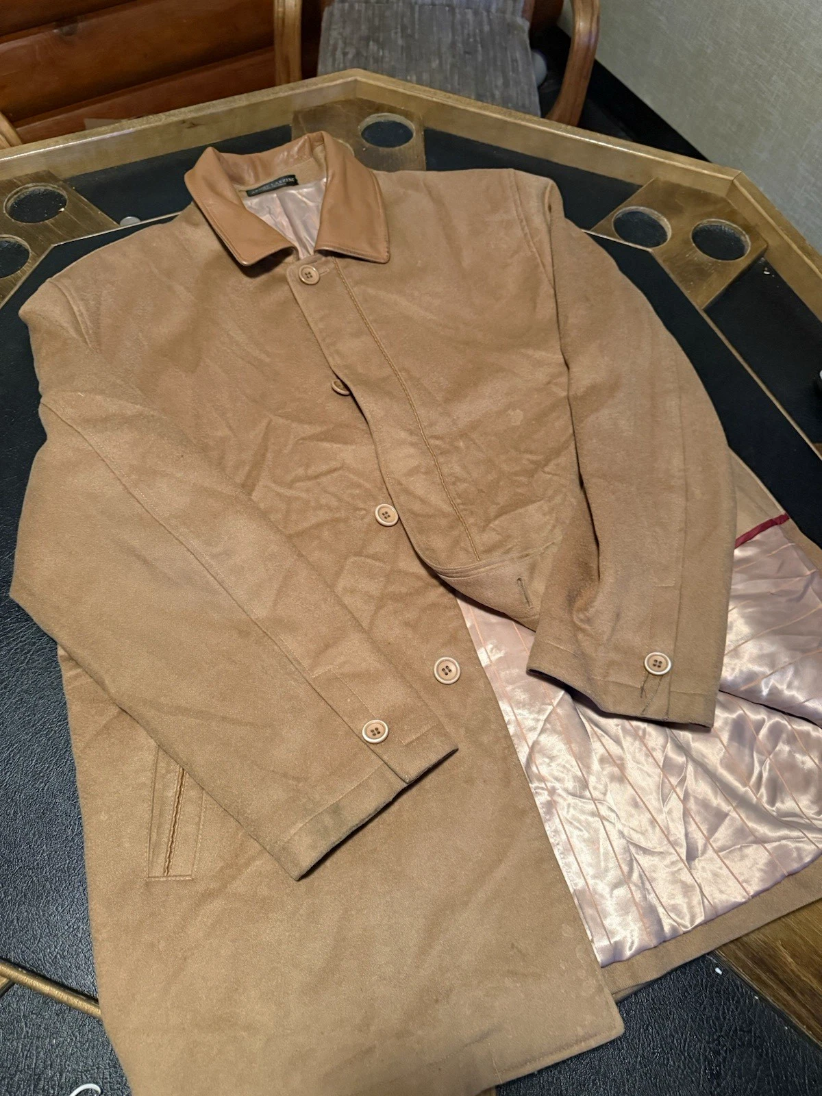 Andre Lanzino Hand Tailored Wool Cashmere Blend Coat Leather Trim 44R image 1