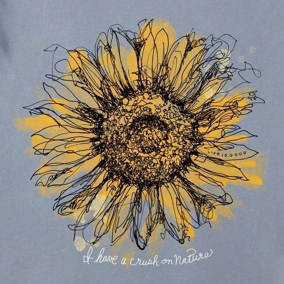 Large NWT Women's Life is Good Scribbled Sunflower Blue SS Crusher LITE Vee