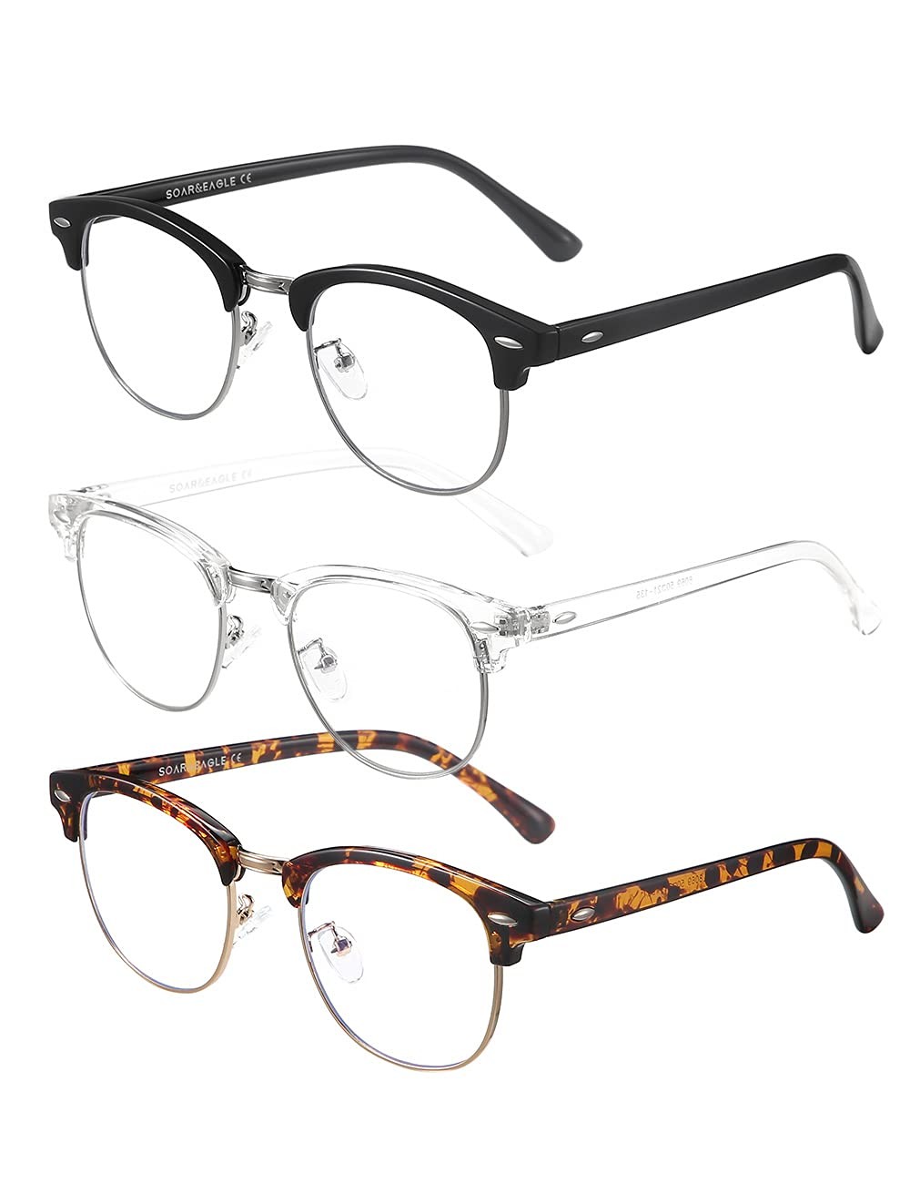 3 Pack Blue Light Blocking Gaming Glasses for Computer Use, Retro Semi Rimless Design