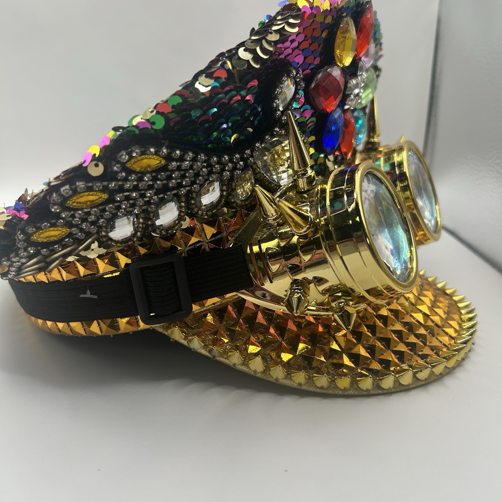 Rainbow Steampunk Captain Hat Sequins Studded Gog… - image 6