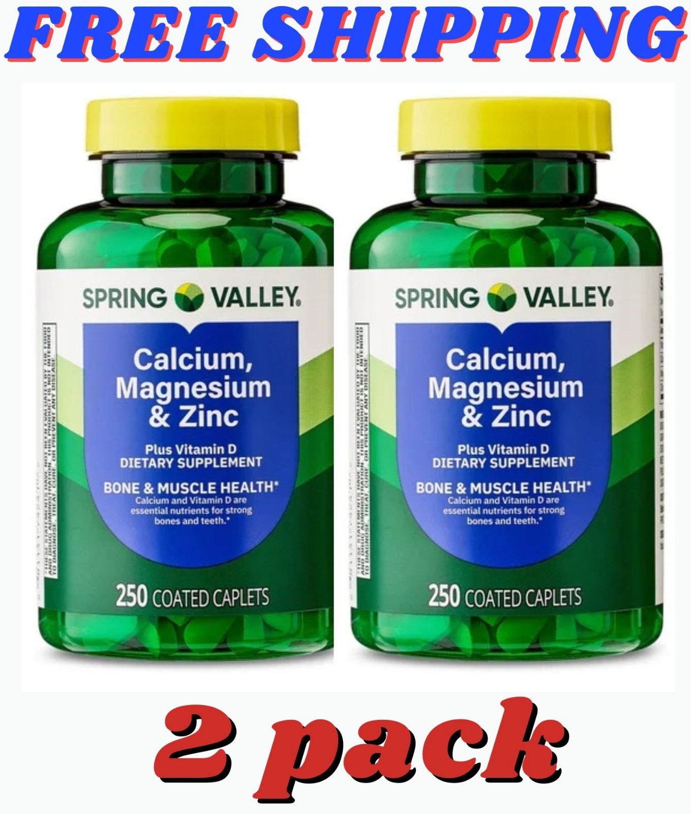 (2 pack) Spring Valley Calcium, Magnesium & Zinc Plus Vitamin D3 Coated 250 Ct
