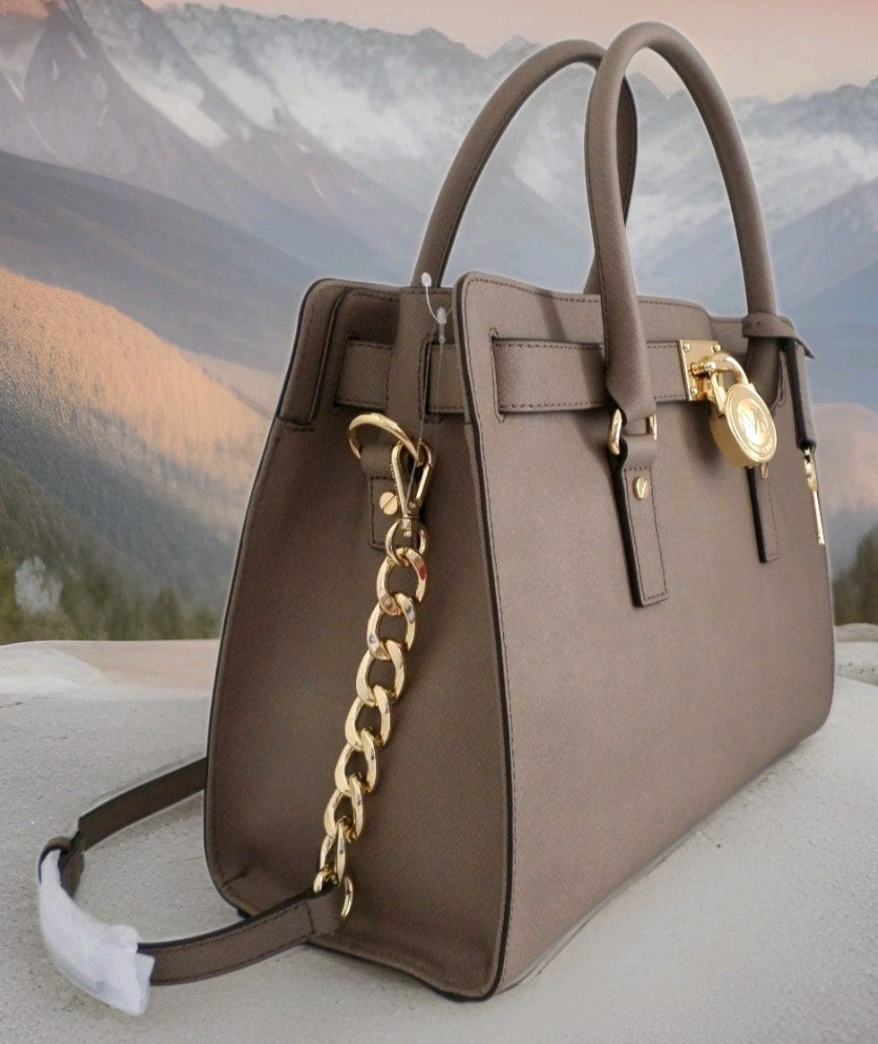 🌞MICHAEL KORS HAMILTON TAUPE DUNE LEATHER LOCK & KEY LARGE SATCHEL BAG🌺NWT! image 5