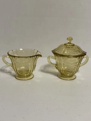 VTG Federal Madrid Amber Depression Yellow Glass Covered Sugar & Creamer Set