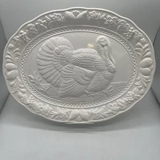 Vtg White Thanksgiving Turkey Serving Platter Ceramic  18x14" Embossed Japan