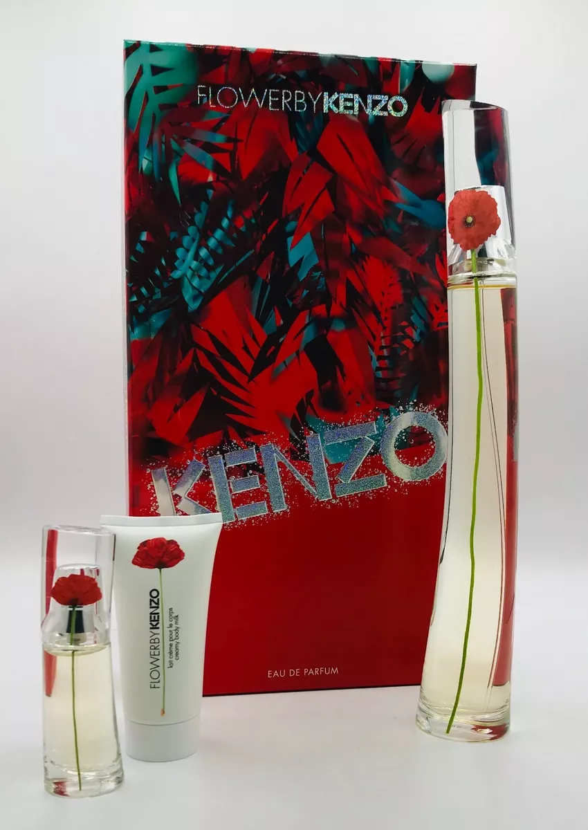 Kenzo Flower Women 3pc Set Parfum Spray 3.3 oz Travel Spray .5 Oz
