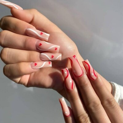 Red White Heart Wave Detachable False Nails 24pcs Coffin Artificial Nail Tips Ebay