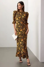 *FLAW, READ* RHODE Womens Size 6 Felix Baroque-Print Long Dress Black/Yellow RTR