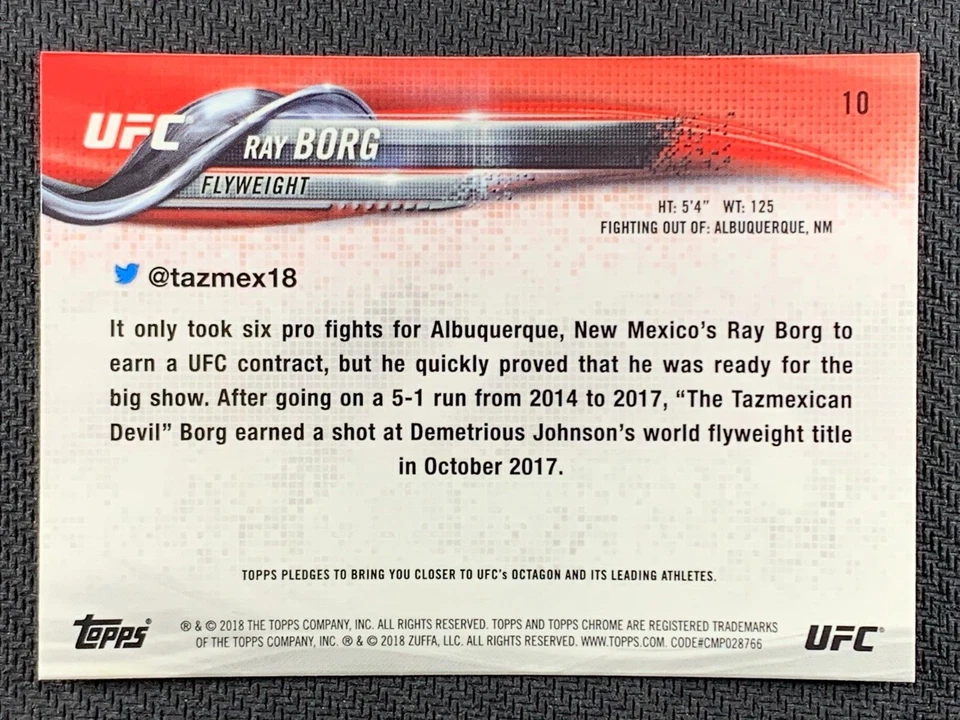 Ray Borg #10 Mixed Martial Arts Card 2018 Topps Chrome UFC  - Image 2 of 2