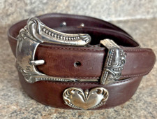 Fossil Genuine Leather Brown Belt Heart Rectangle Concho Silver Medallion Small