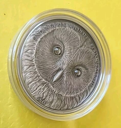 Mongolia 2011 500 Togrog Wildlife URAL OWL 1oz Silver Coin SWAROVSKI antiqued