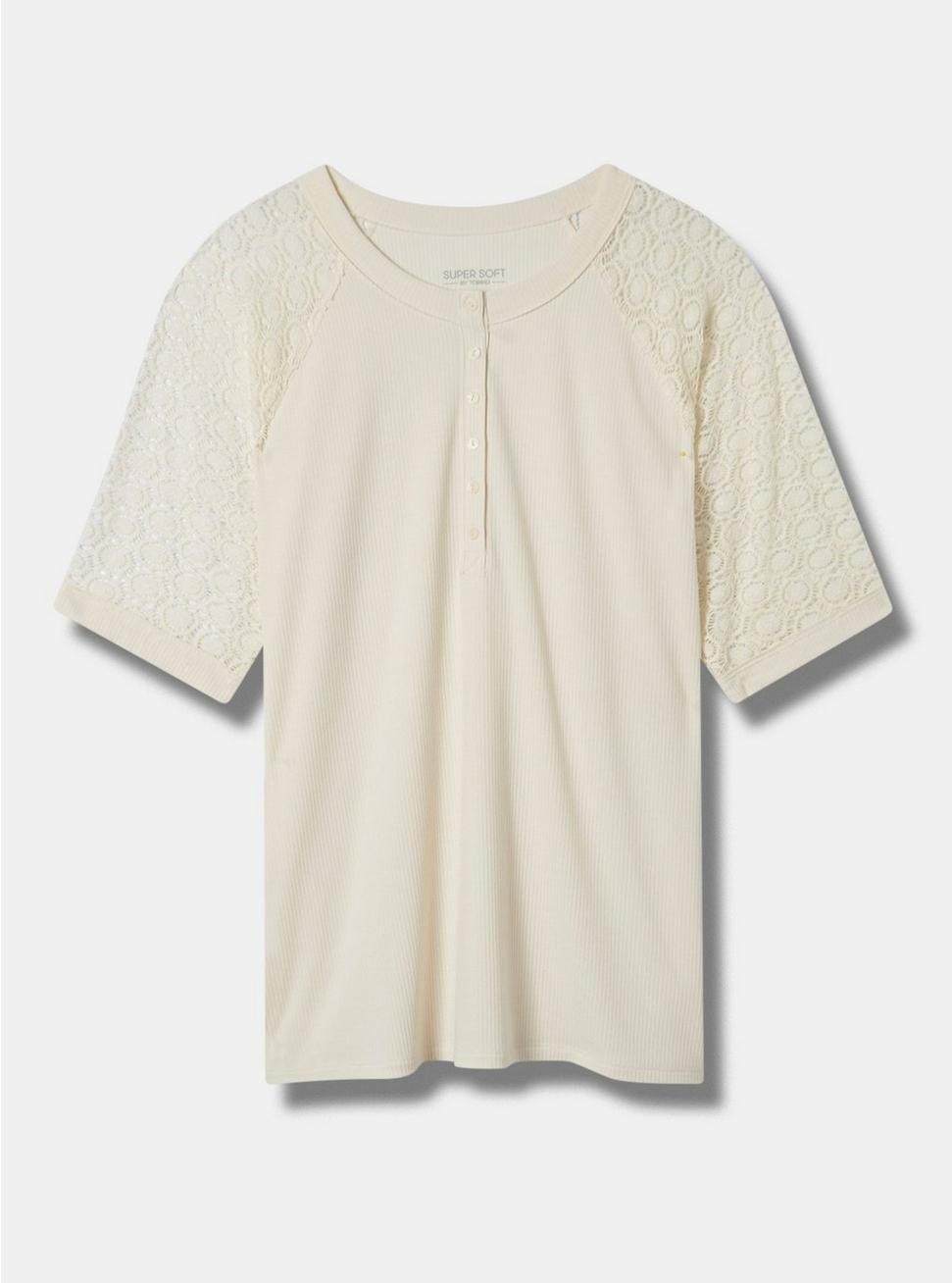 Torrid Fitted Super Soft Rib Lace Inset Raglan Henley Cream 1 1X 14 16 #E65494