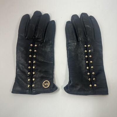 MICHAEL KORS Women's Gloves Black Leather Silver MK Logo