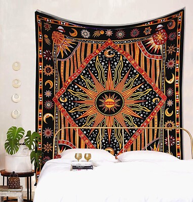Orange brennende SONNE MOND Wandbehang Wandteppich böhmisch psychedelisch Tagesdecke