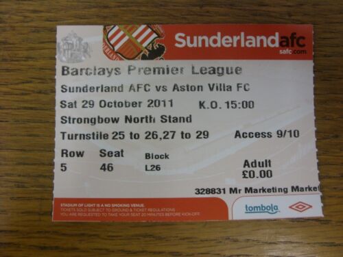 29.10.2011 Ticket: Sunderland v Aston Villa. Fehler bei diesem Artikel sollten - Bild 1 von 1