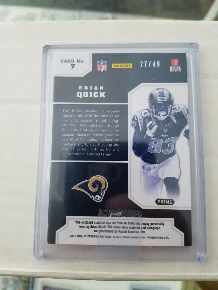 Brian Quick 2012 Panini Totally Rookie Jersey Patch Card #7 Serial #27/49 - Image 2 of 2