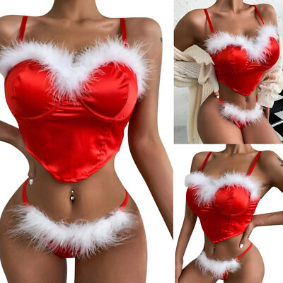 Woman's Piece Christmas Lingerie Santa Claus Costume Feather