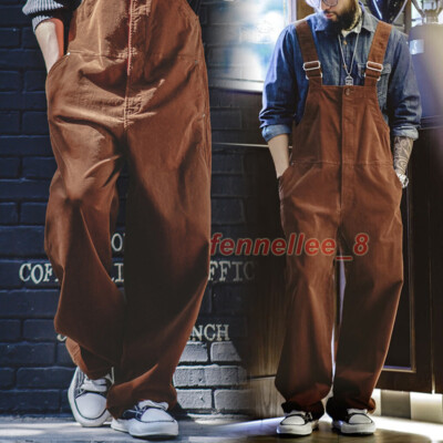 Men's Casual Retro Bib Overalls - Solid Work Pants, Loose Fit Jumpsuit