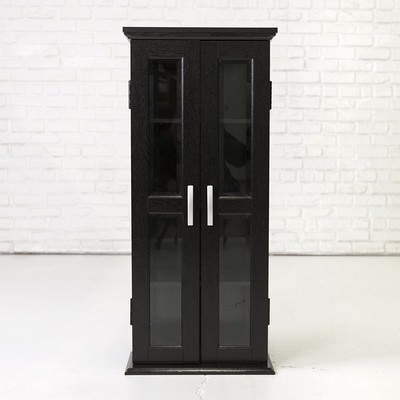 Modern Black Wood Media Storage Cabinet With Glass Doors Walker