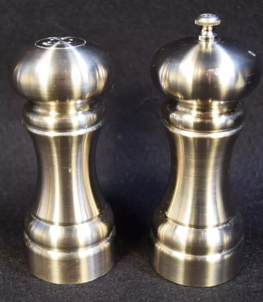 pr WILLIAM BOUNDS BRUSHED STAINLESS STEEL SALT SHAKER / PEPPER MILL