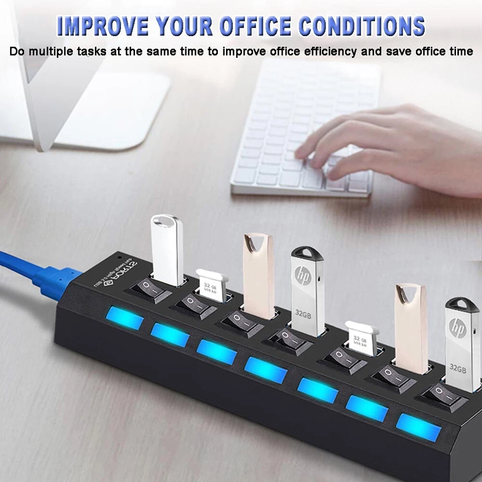 7 Ports USB 3.0 Hub On/Off Switch High Speed Splitter AC Adapter Cable PC Laptop - Image 2 of 4