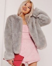 Missguided Colarless Short Faux Fur Coat Grey Uk 6