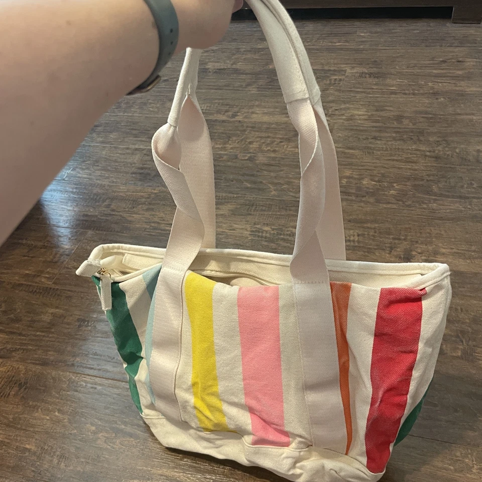 Old Navy Canvas Tote Travel Picnic Shopping Bag CREAM RAINBOW 🌈 COLORS ❣️ - Image 4 of 4