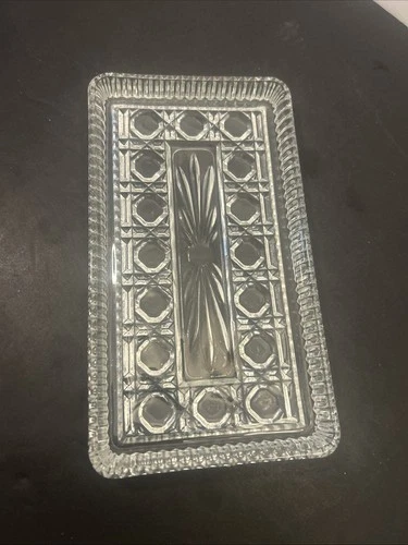 Vintage Federal Glass Windsor Clear Button & Cane Rectangular Dish EUC 8 1/4