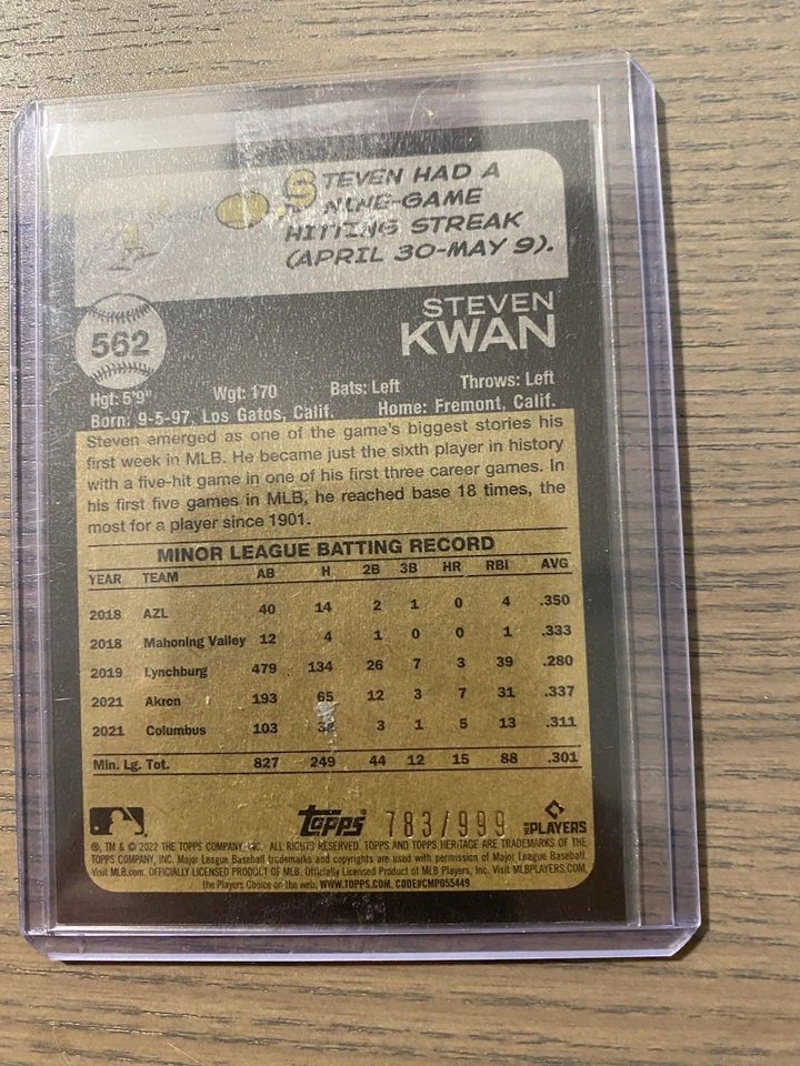 2022 Topps Heritage High Number Steven Kwan RC Rookie Chrome #783/999 - Image 2 of 2
