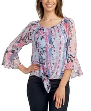 BCX Juniors Printed Bell-Sleeve Tie-Front Peasant Top Size XS