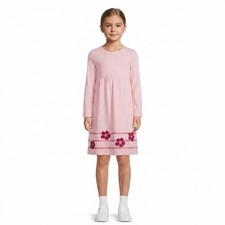 Lands End Dress Girls 12 Pink Long Sleeve Floral Applique Knit Play Cotton