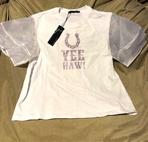 Lucky & Blessed White Rhinestone Graphic "Yee Haw" Western T-Shirt L