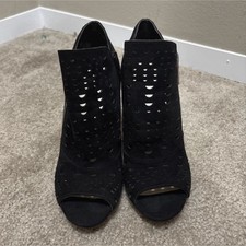 NINE WEST Black Suede Open Toe Cut-Out Stiletto Bootie with Zipper  Ankle Strap