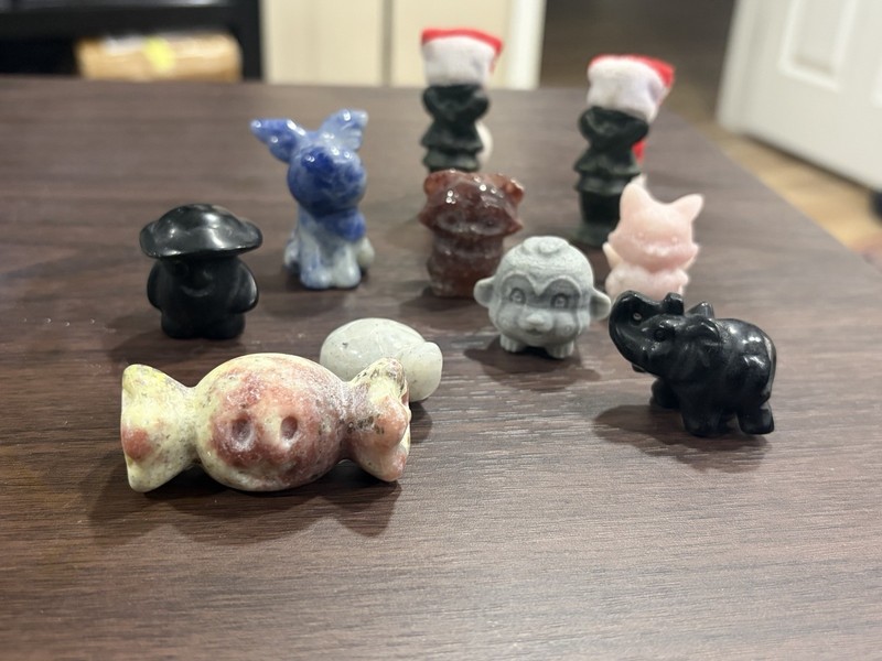 Crystal Carving Lot. Grinch Raccoon Monkey. Lapis Jade Pink Opal Black Obsidian.