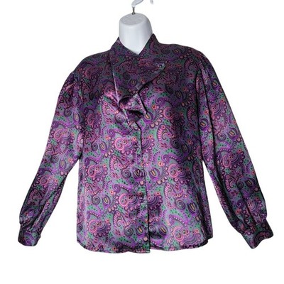 Notations Petite 10 Paisley Satin Blouse Ruffle Collar Long Bishop Sleeve Modest