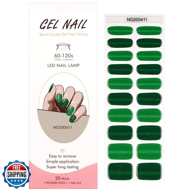 Semi Cured Gel Nail Strips 20 Pcs Green Glitter Gel Nail Wraps,St